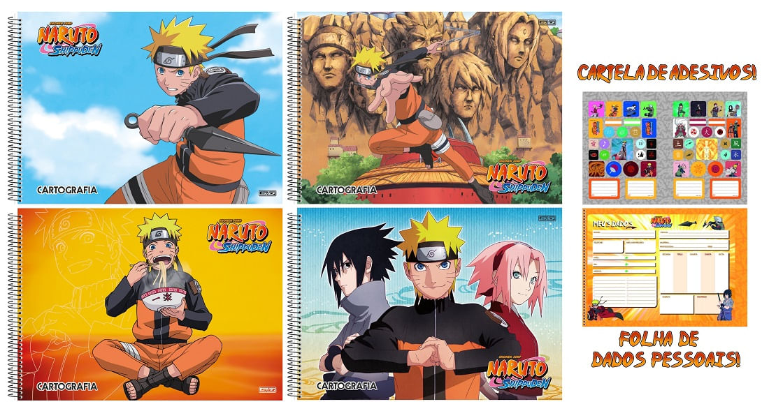 3 Cadernos Brochurão 80 Fls + Desenho + Cad Pequeno Naruto