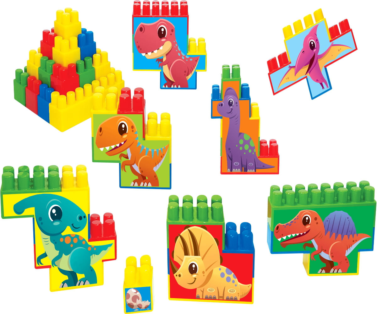 Blocos de Montar Brinquedo Educativo Dinossauro Kit 64 Peças - Ri Happy