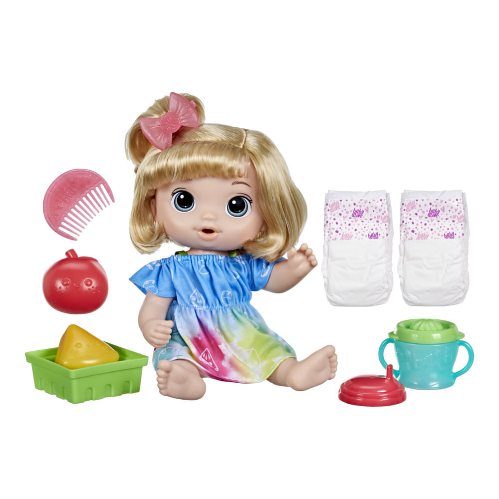 Boneca Bebê com Acessórios - Baby Alive - Hora do Suco - Vestido Azul -  Hasbro