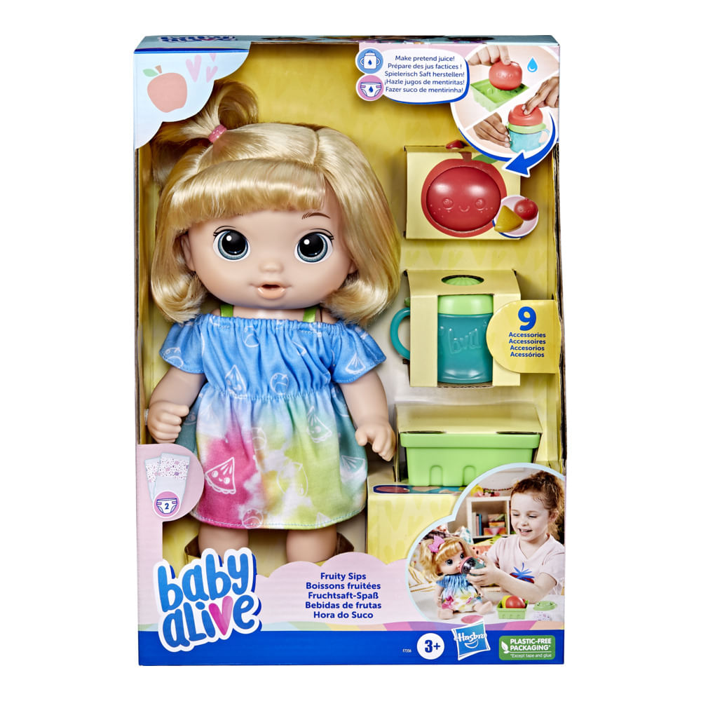 Boneca Bebê com Acessórios - Baby Alive - Hora do Suco - Vestido Azul -  Hasbro