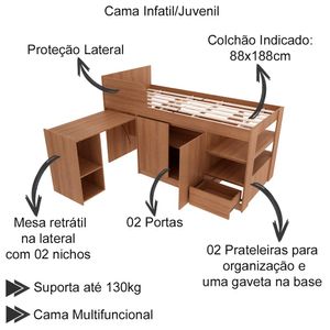 Cama Infantil Multifuncional Com Escrivaninha CM8021 Amendoa Tecno