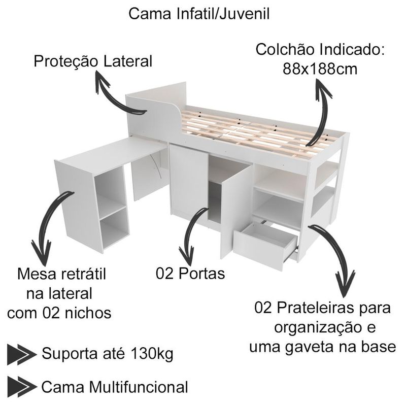 Cama Infantil Multifuncional Com Escrivaninha CM8021 Amendoa Tecno