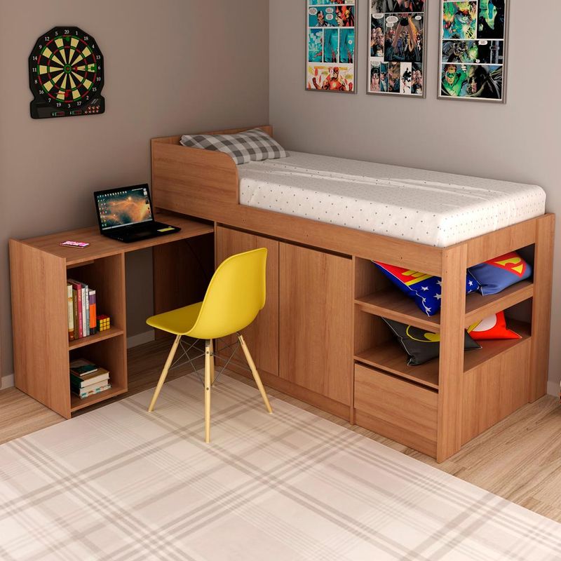 Cama Multifuncional Solteiro com Mesa Escrivaninha 01 Porta e 02