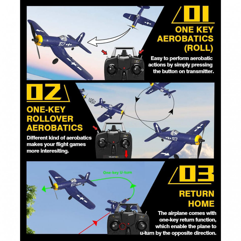 Avião de Controle Remoto com Tecla Acrobática para Crianças e Adultos,  LEAMBE F4U Corsair, Azul - Dular