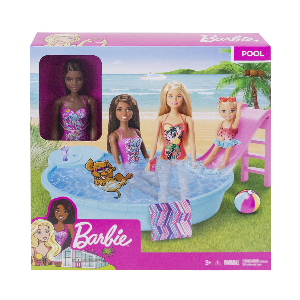 Barbie Boneca com maiô rosa e branco, chapéu de sol, bolsa e acessório