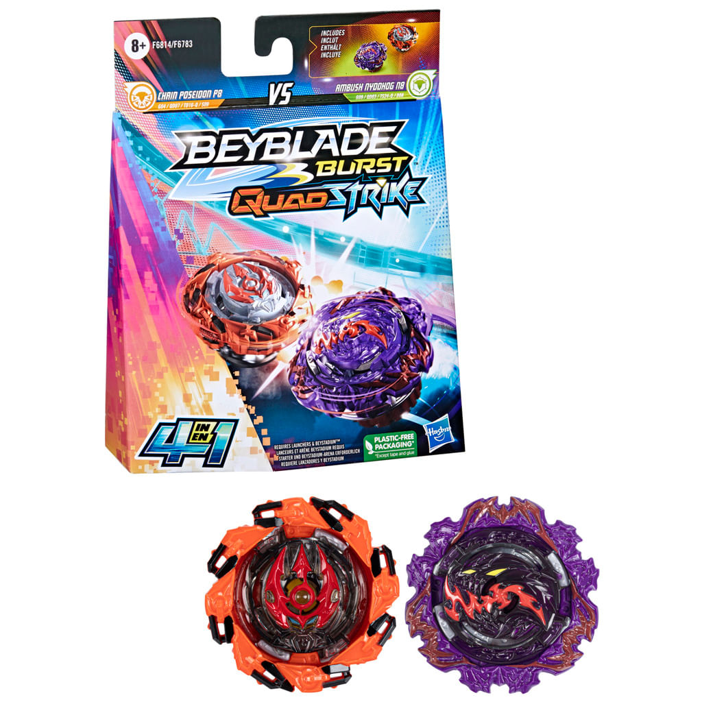 Conjunto De Piões - Beyblade Burst QuadStrike - Emboscada Udyog E Cadeia  Poseidon - 4 Em 1 - Hasbro