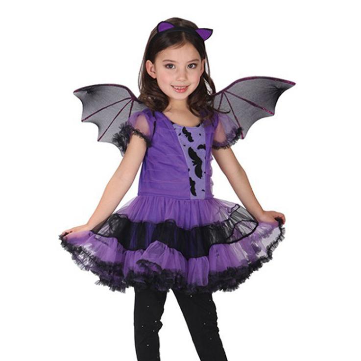 Vestido Fantasia Infantil Feminina Halloween Vampira Tiara e Asa