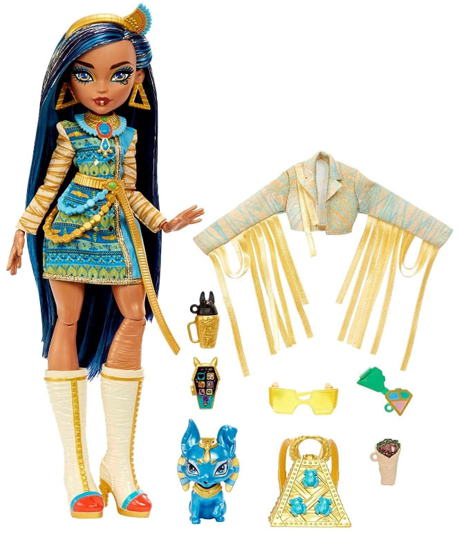 Boneca Monster High Cleo De Nile Cabelos Mechas Azuis Cachorro de Estimação  e Acessórios HHK54 Mattel