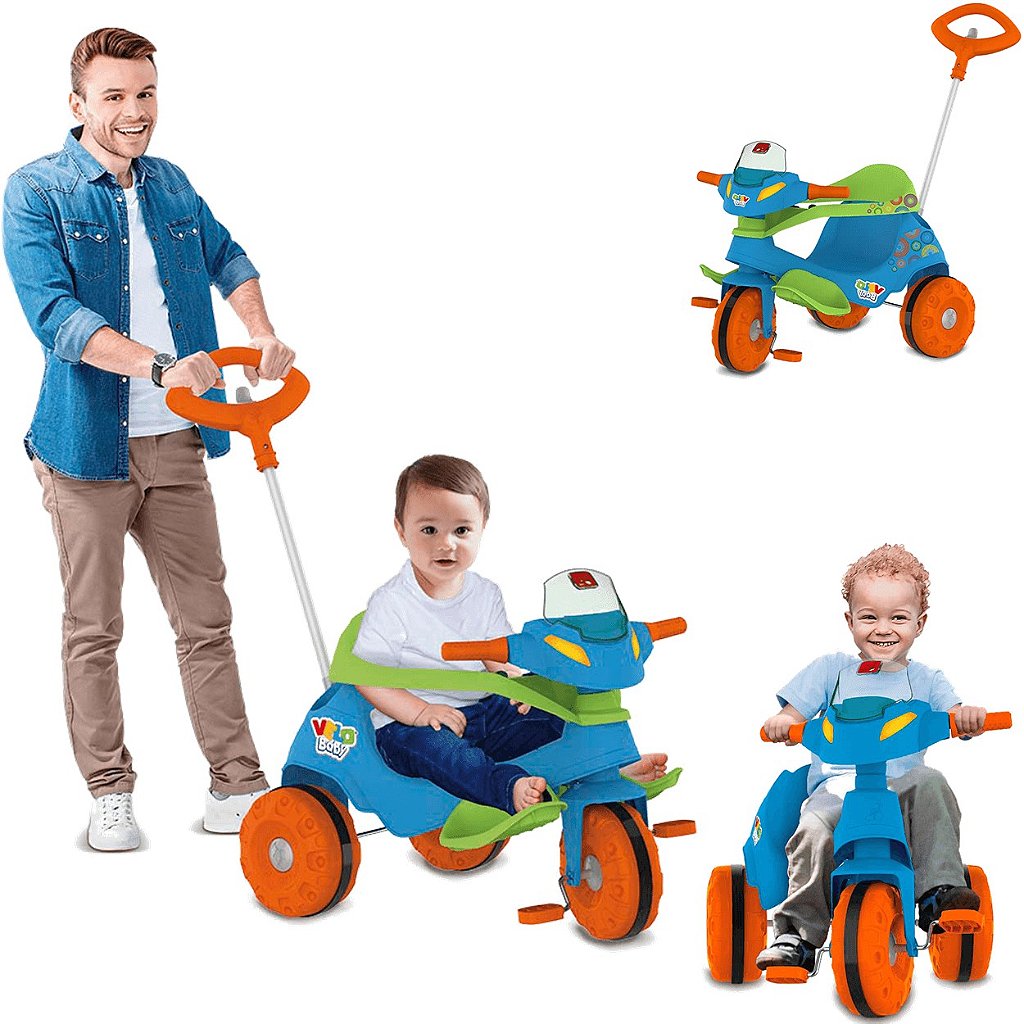 Triciclo Infantil com Empurrador Bandeirante Velobaby Azul 206