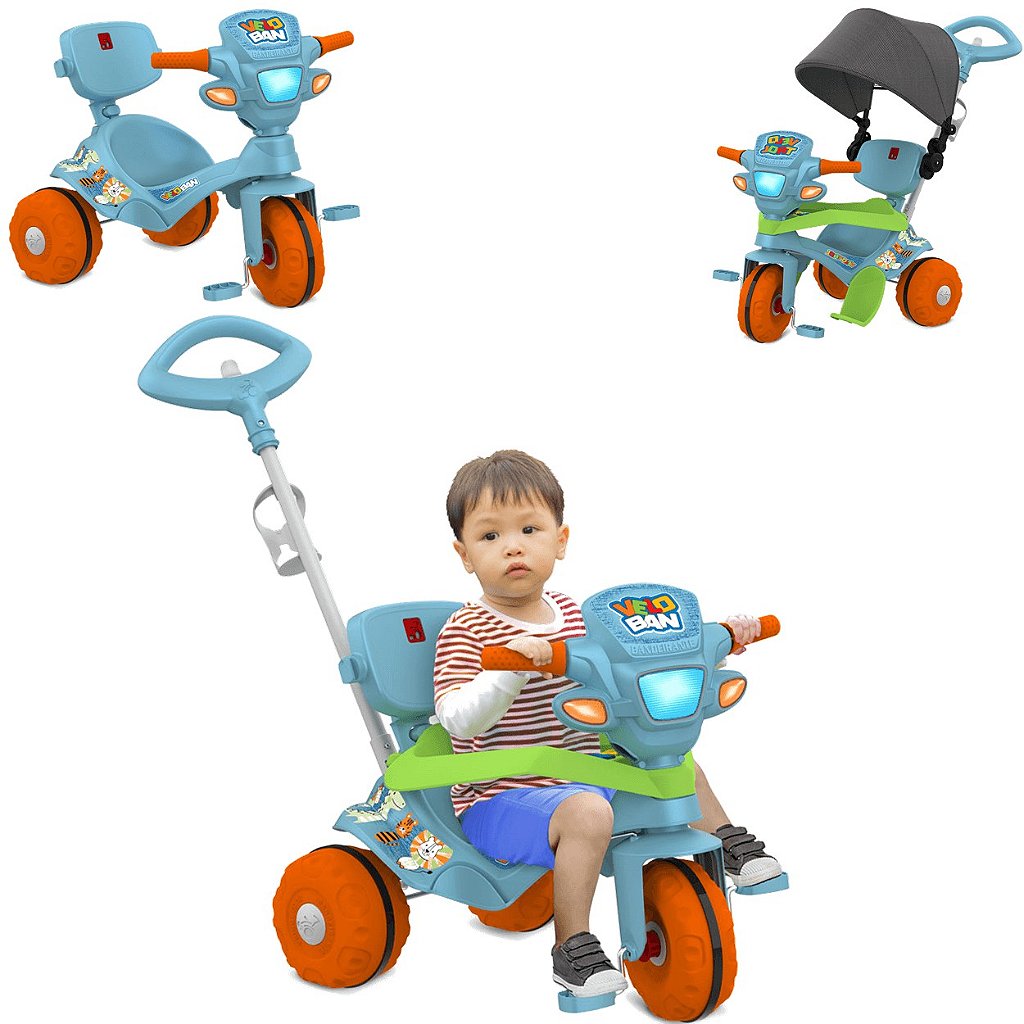 Triciclo Motinha Bel Brink 2 em 1 com Capota e Pedal para Passeio Azul - Ri  Happy