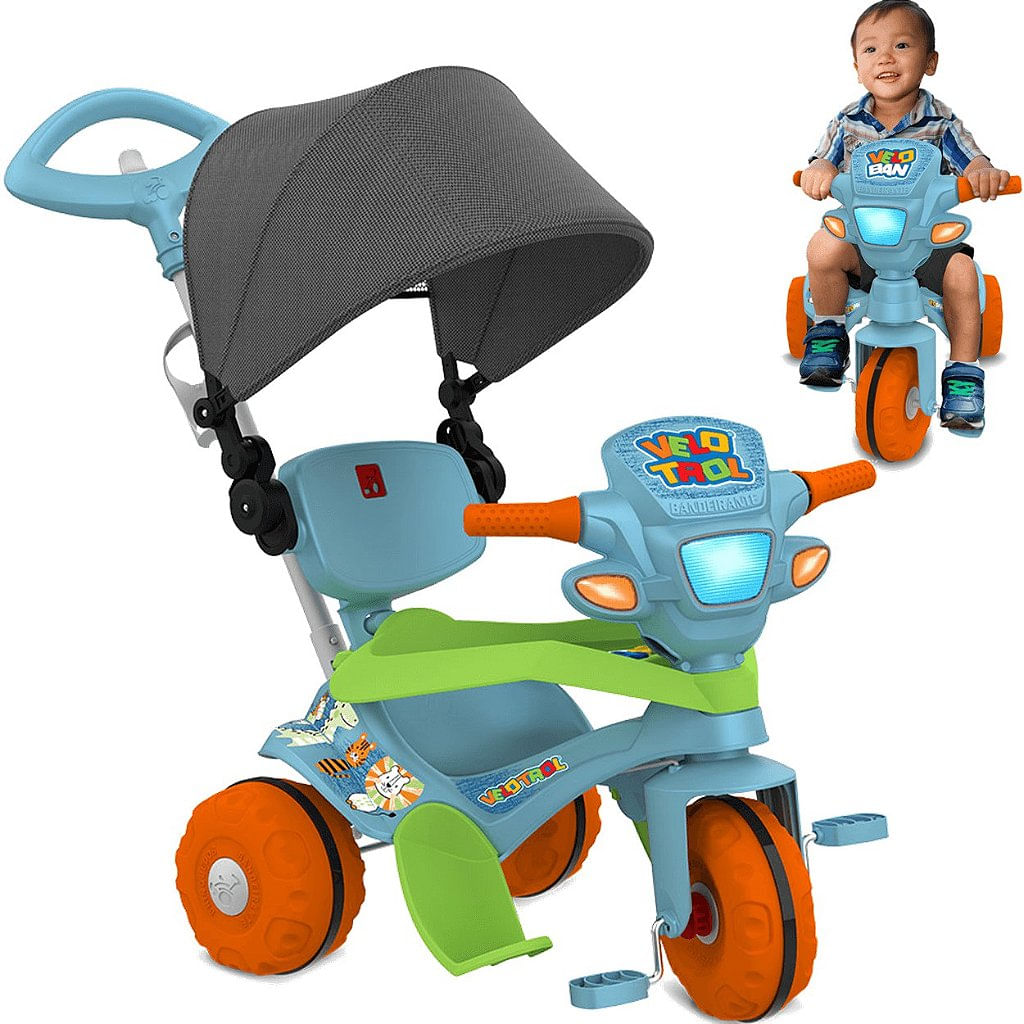 Triciclo Motinha Bel Brink 2 em 1 com Capota e Pedal para Passeio Azul - Ri  Happy