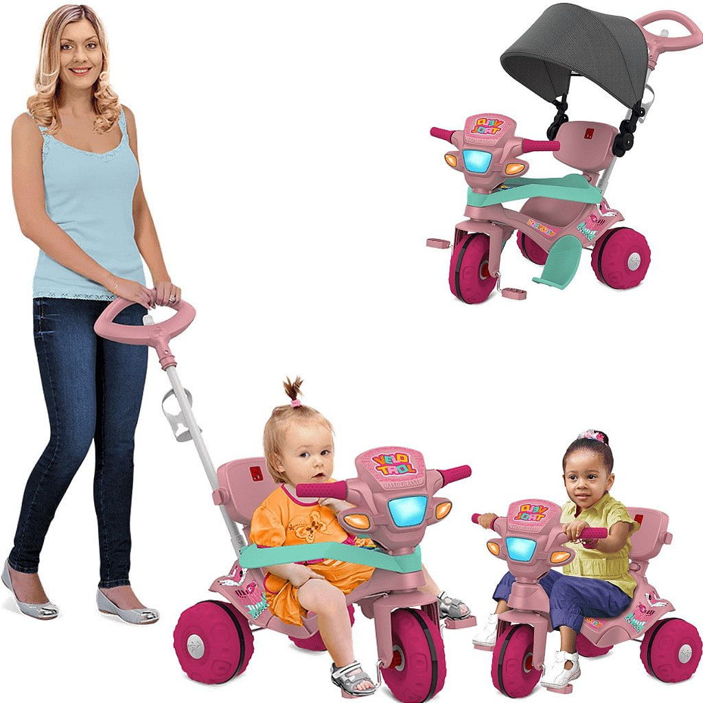 Triciclo Infantil com Capota - Passeio e Pedal - Rosa - Bandeirante