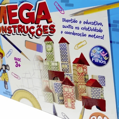 Brinquedo Jogo Mega Construções Blocos de Montar em Madeira 200