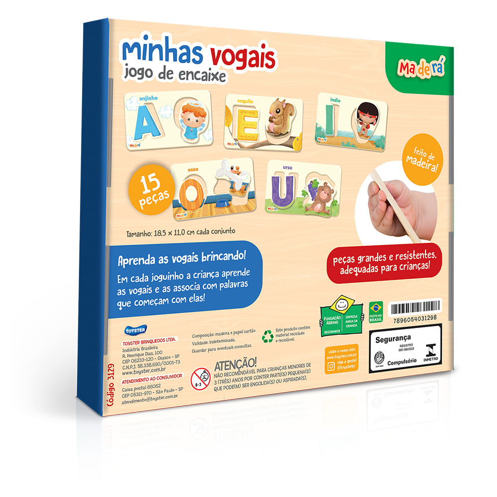 Jogo das Vogais 15 peças com Desenhos e Nomes para Alfabetização - Loopi  Toys : : Brinquedos e Jogos
