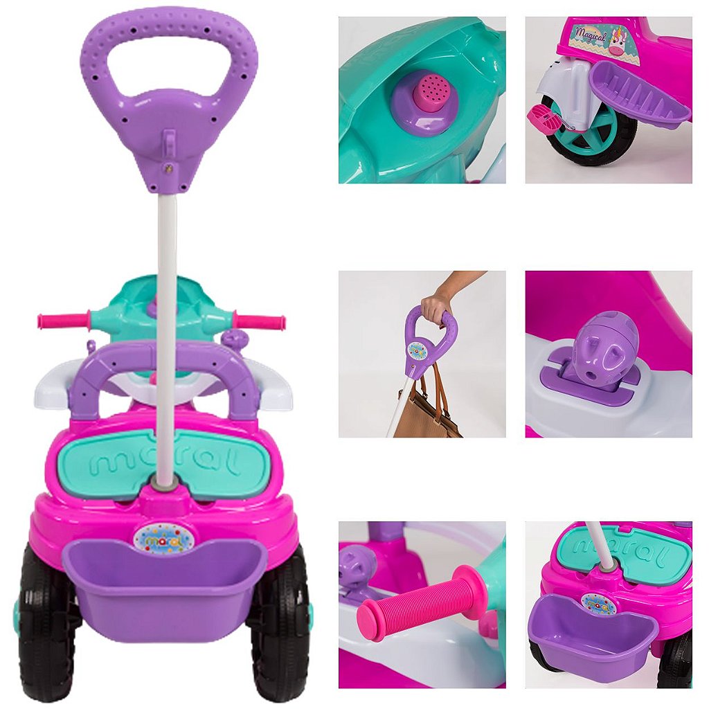 Triciclo Infantil Baby City Menina com Empurrador - Rosa