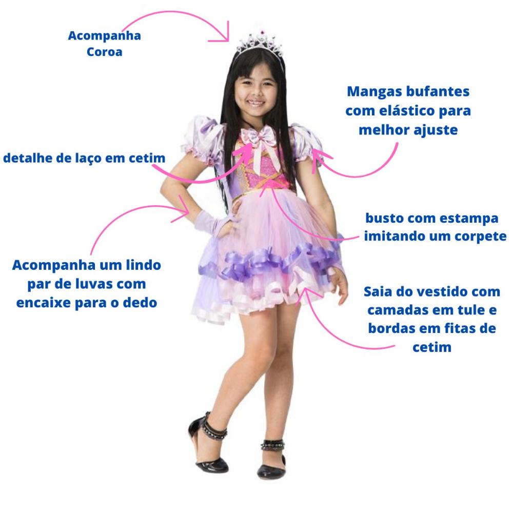 Vestido Fantasia Infantil Luxo Princesas Com Luva E Coroa