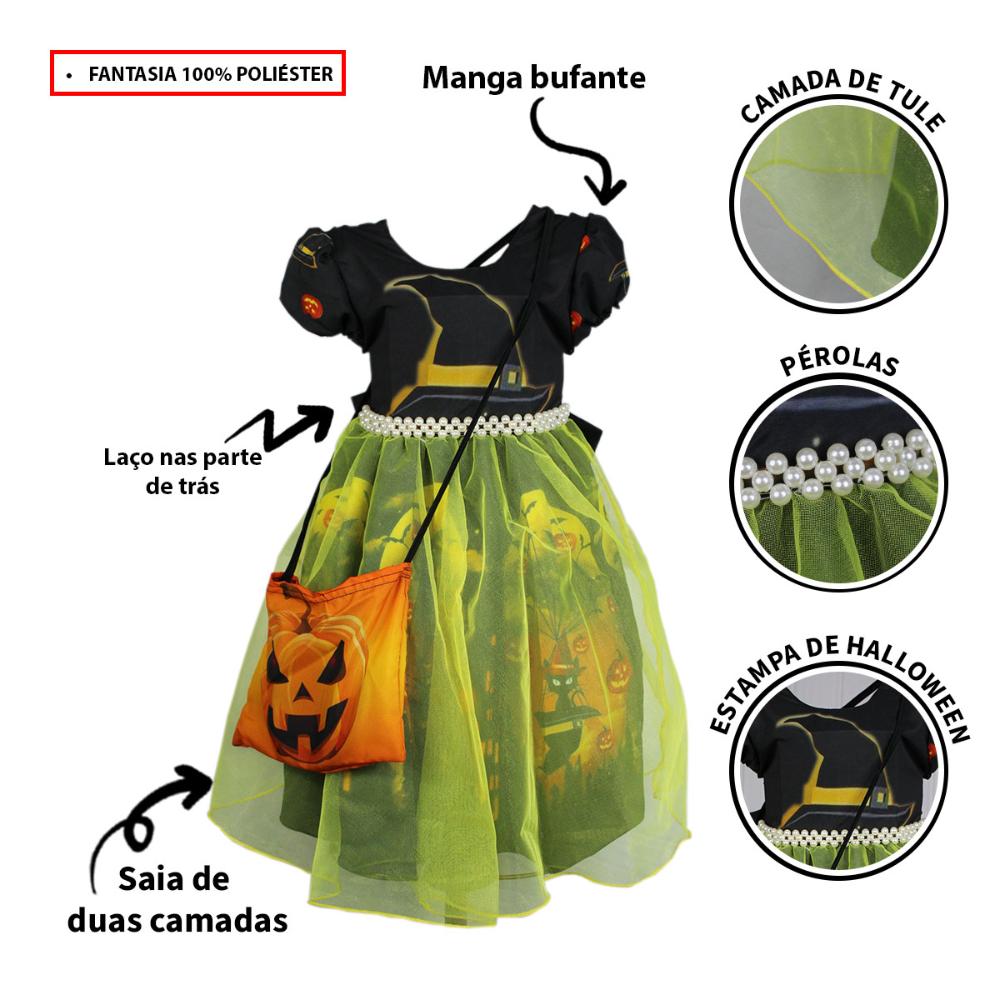 Fantasia Halloween Infantil Menina Bruxinha de Luxo Com Tiara e Bolsinha - TAM - 12