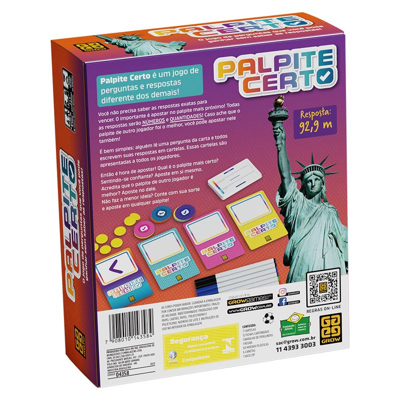 Jogo De Cartas - Palpite Certo - De 03 a 06 Participantes - Grow