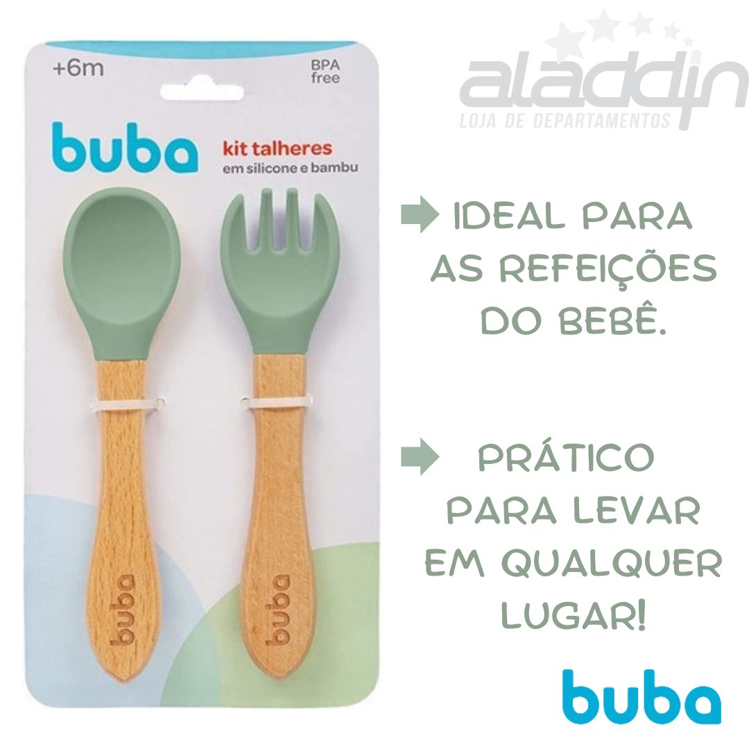 Kit Talheres Em Silicone E Bambu Colher E Garfo Bebe Buba