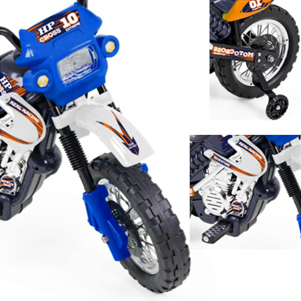 Moto Eletrica Infantil Xplast Motocross 6V Azul com Rodinhas na