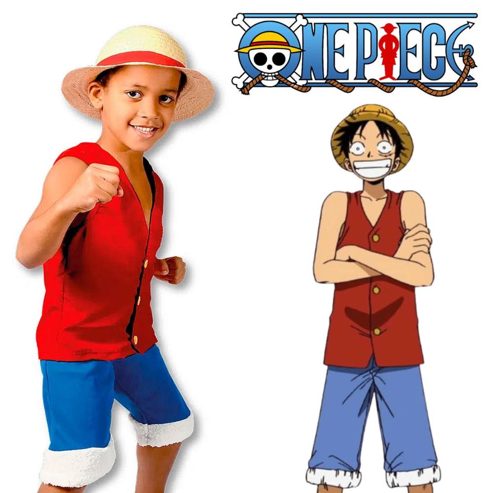 Fantasia One Piece Infantil Roupa e Chapeu de Palha Luffy - M 5 - 8