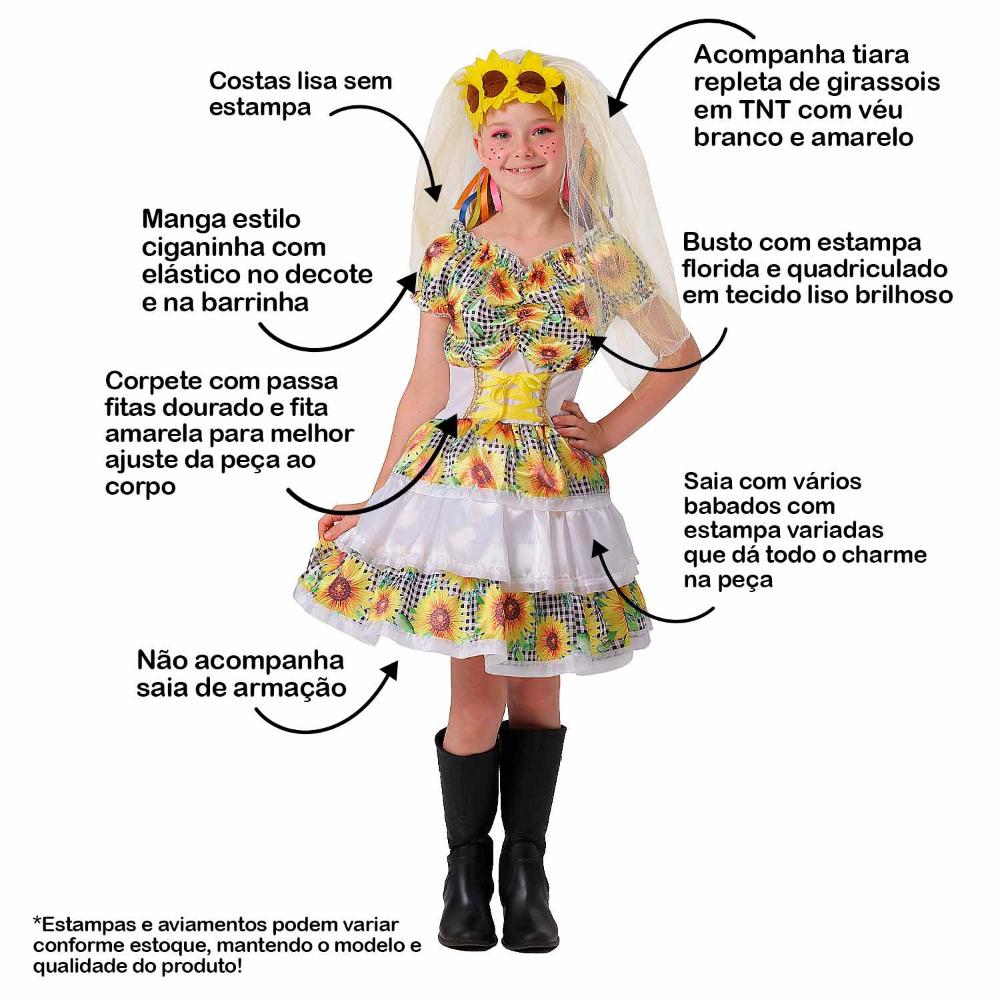 Vestido Noiva Caipira Infantil Feminina Com Espartilho e Véu - G 9 - 10