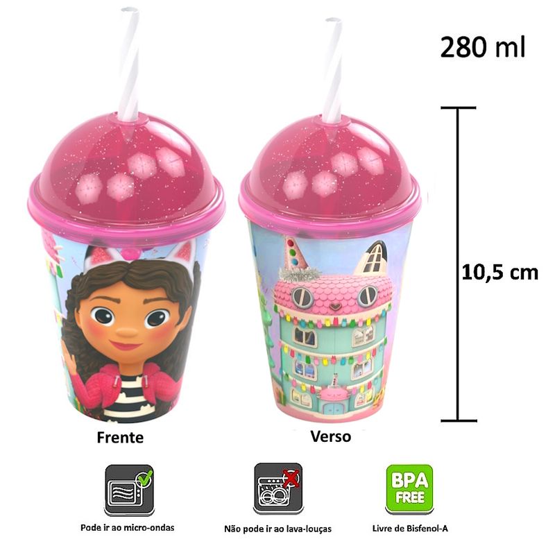 Copo-Shake-com-Tampa-e-Canudo-Casa-Magica-da-Gabby-280-ml-Plasutil-para-Festa-Infantil-Decoracao-Especificacoes