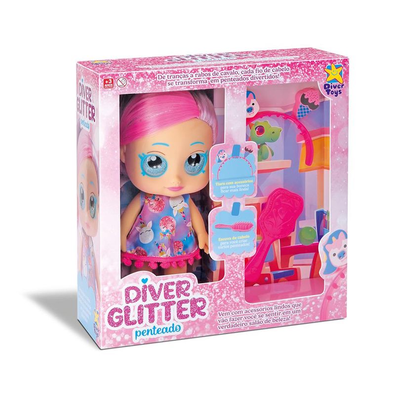 Boneca--E-Acessorios---Diver-Glitter---Penteado---Rosa---Divertoys-1