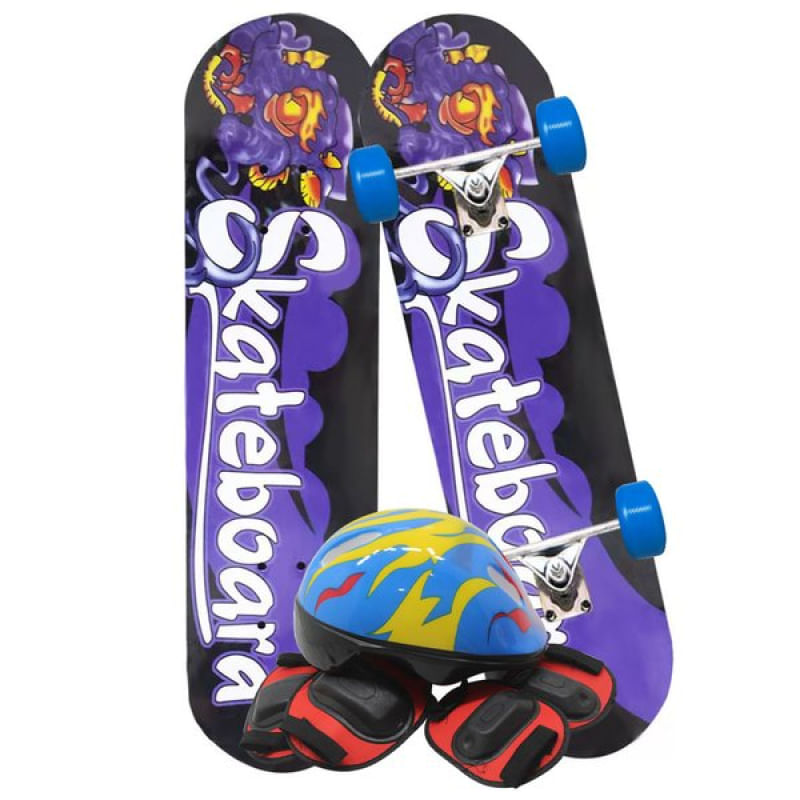 Skate Infantil Estampado Roxo Kit Equipamentos de Proteção Ri Happy