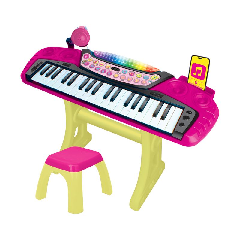 Conjunto-de-Teclado-Musical-com-Microfone-e-Banquinho---Barbie---Com-Som-e-Luz---Rosa---Fun-0