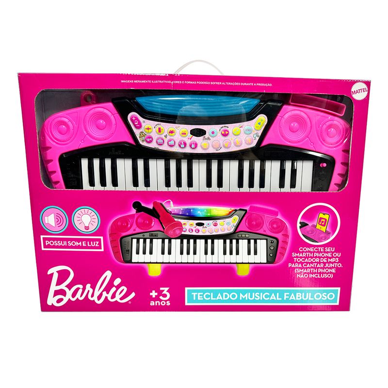 Conjunto-de-Teclado-Musical-com-Microfone-e-Banquinho---Barbie---Com-Som-e-Luz---Rosa---Fun-1