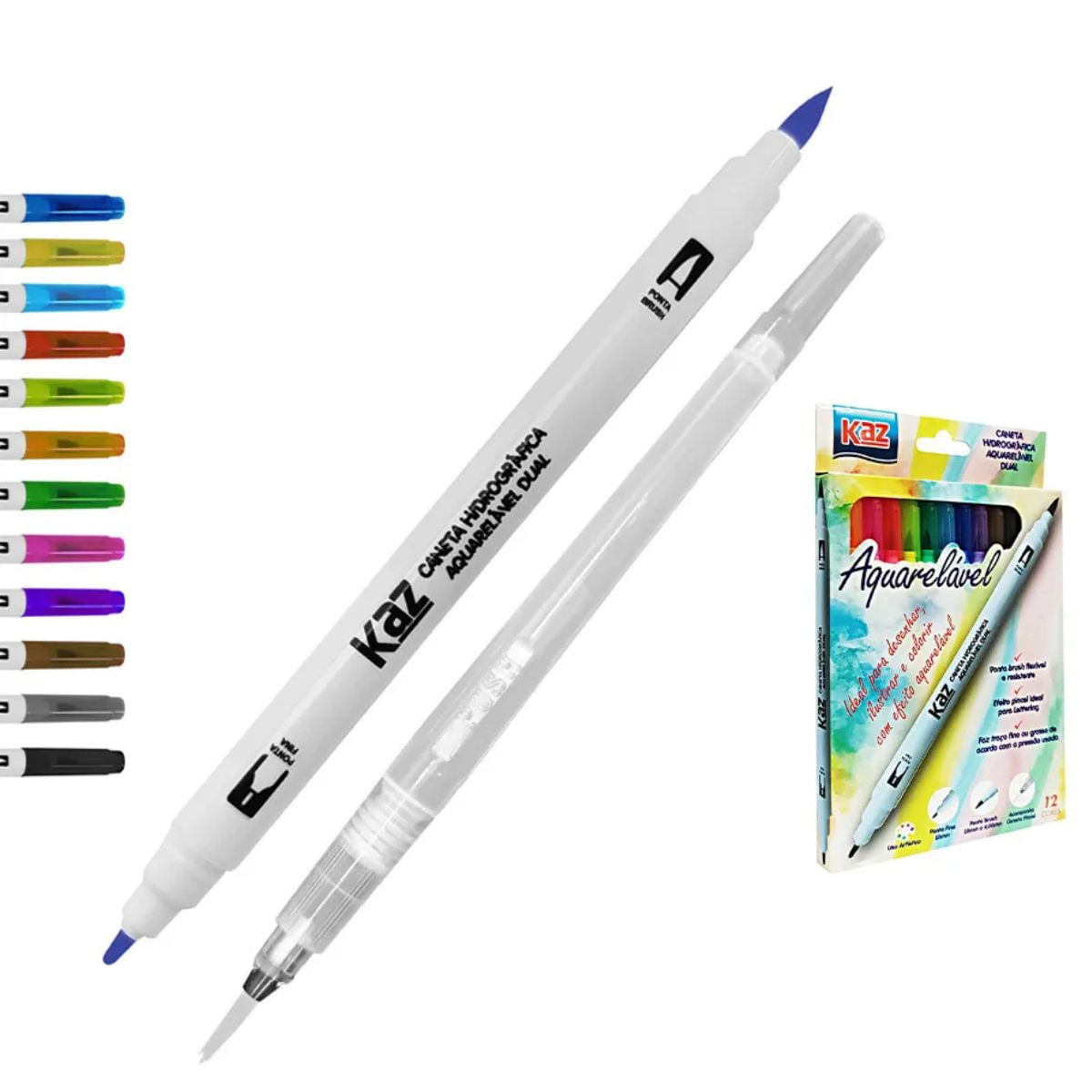 CANETA HIDROGRÁFICA AQUARELAVEL DUAL 12 CORES KZ72202 - KAZ - Ri Happy