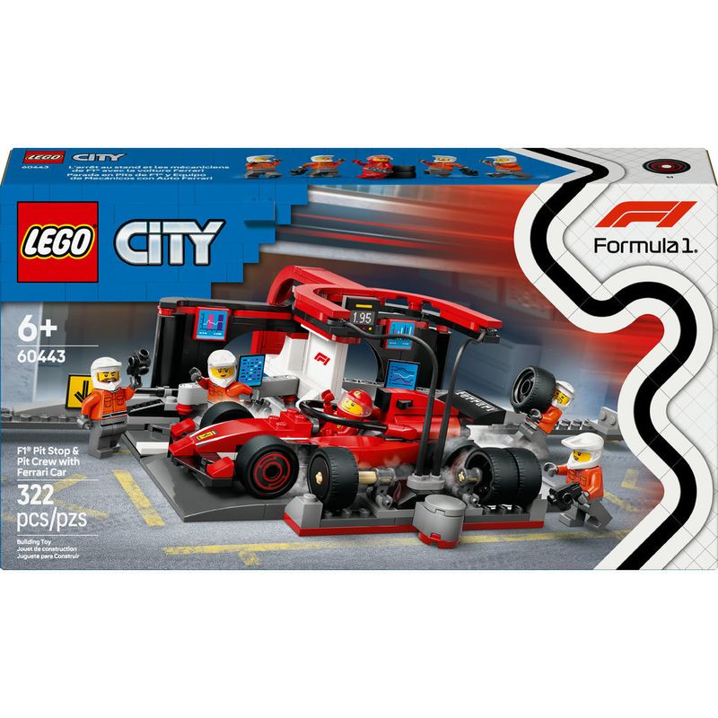LEGO---City-Formula-1---Pit-Stop-e-Equipe-de-Box-de-F1-com-Carro-da-Ferrari---60443-1