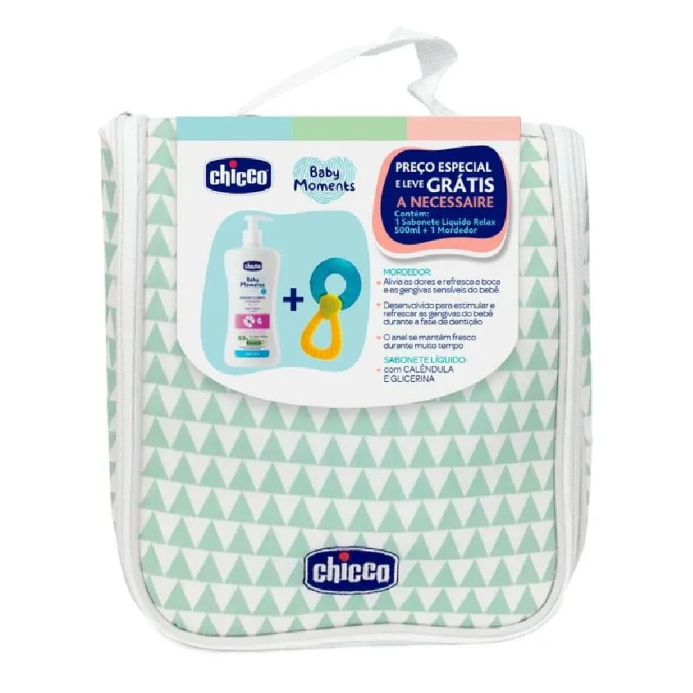 KIT BABY MOMENTS SABONETE LIQUIDO 500ML MORDEDOR NECESSAIRE CHICCO Ri Happy