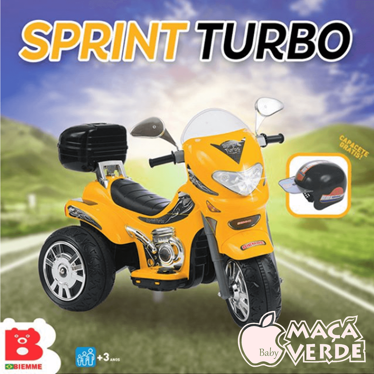 Moto Eletrica Biemme Sprint Turbo 12V com Capacete Preta Boy - Maçã Verde  Baby