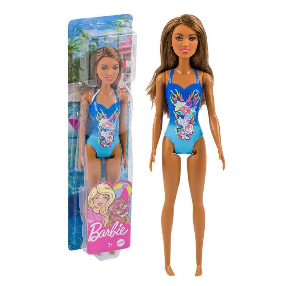 Boneca Barbie Moda Praia - Morena Maiô Azul - Mattel DWJ99/HDC51