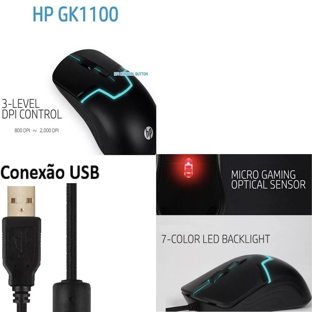 Kit Teclado Mouse USB Gaming HP GK1100 1600DPI Led Azul Ri Happy