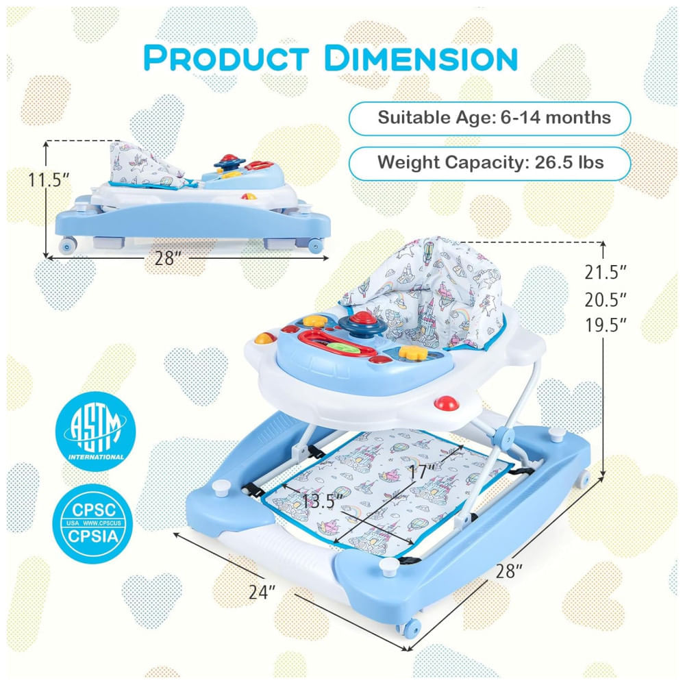 Encontraproduto.com.br - 6 em 1 Baby Walker. Baby Walker com rodas. Altura ajustável. Música. Luzes. Modo de balancim. Baby Activity Walker