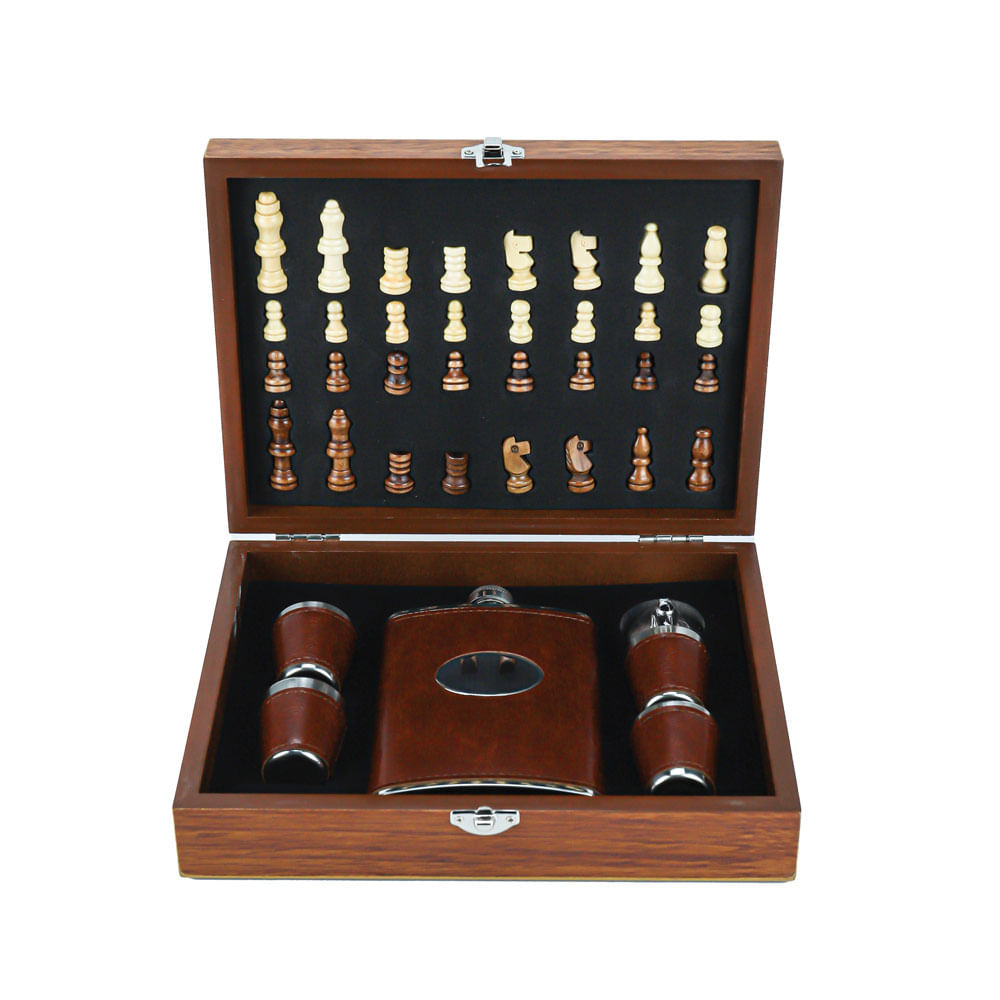 Jogo Xadrez Tabuleiro Maleta Madeira Cantil Uísque 4 Copos Premium