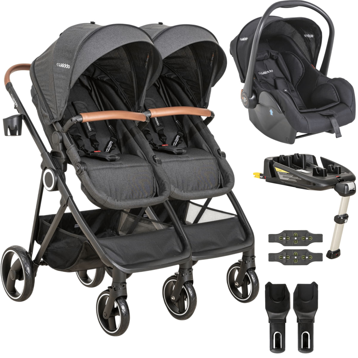 Carrinho Kiddo de Gemeos Bebe Conforto Base ISOFIX Cosmos Preto