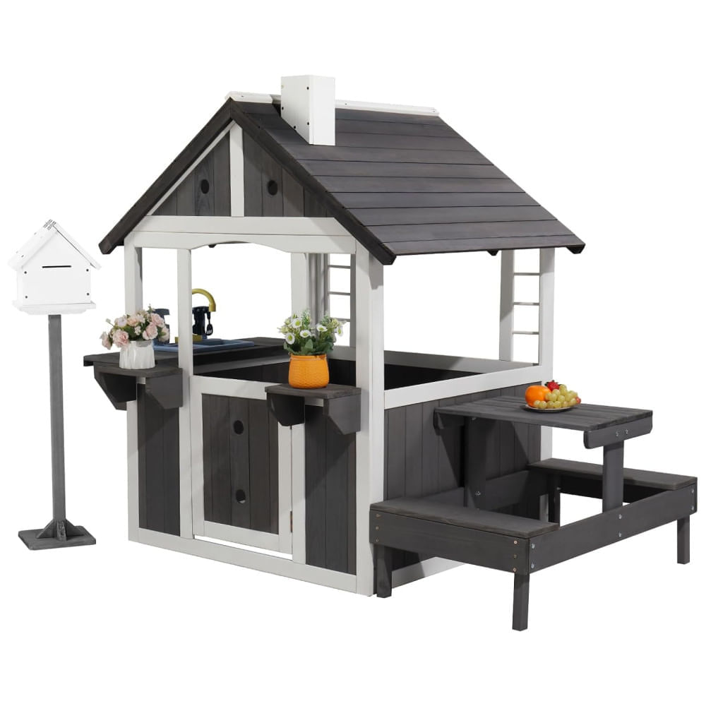 Casinha de Madeira JOYMOR para Crianças ao Ar Livre com Pia, Mesa de Piquenique, Caixa de Correio e Suporte para Vasos de Flores - Cinza/Branco