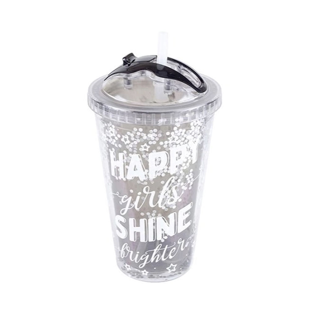 Copo com Canudo Brilhante 450ML Happy Girls Shine Brighter - Etilux