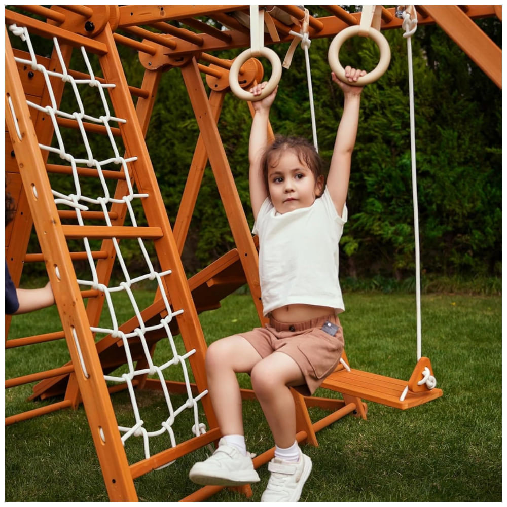 Encontraproduto.com.br - Avenlur Chestnut: Jungle Gym Indoor e Outdoor 7 em 1 Dobrável para Crianças - Escorregador, Parede de Escalada, Barra de Macaco, Balanço