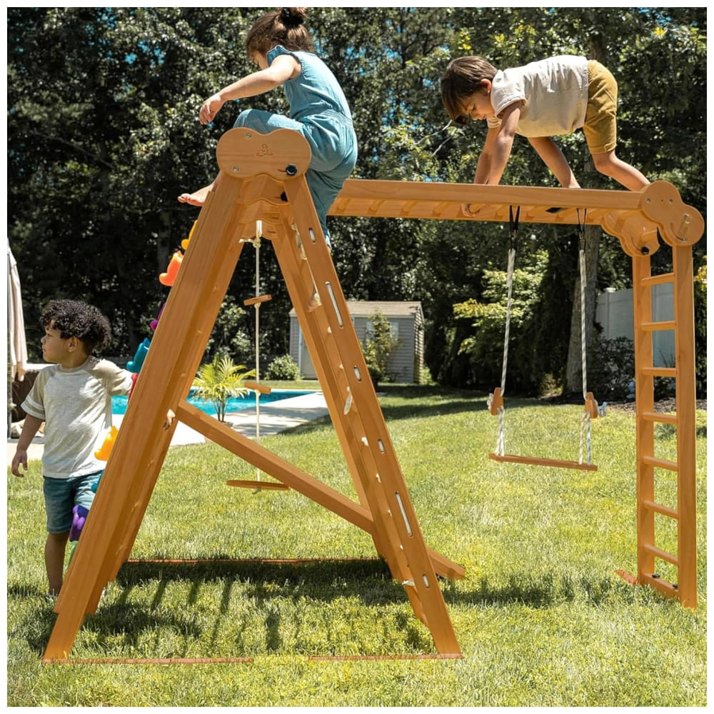 Encontraproduto.com.br - Avenlur Chestnut: Jungle Gym Indoor e Outdoor 7 em 1 Dobrável para Crianças - Escorregador, Parede de Escalada, Barra de Macaco, Balanço