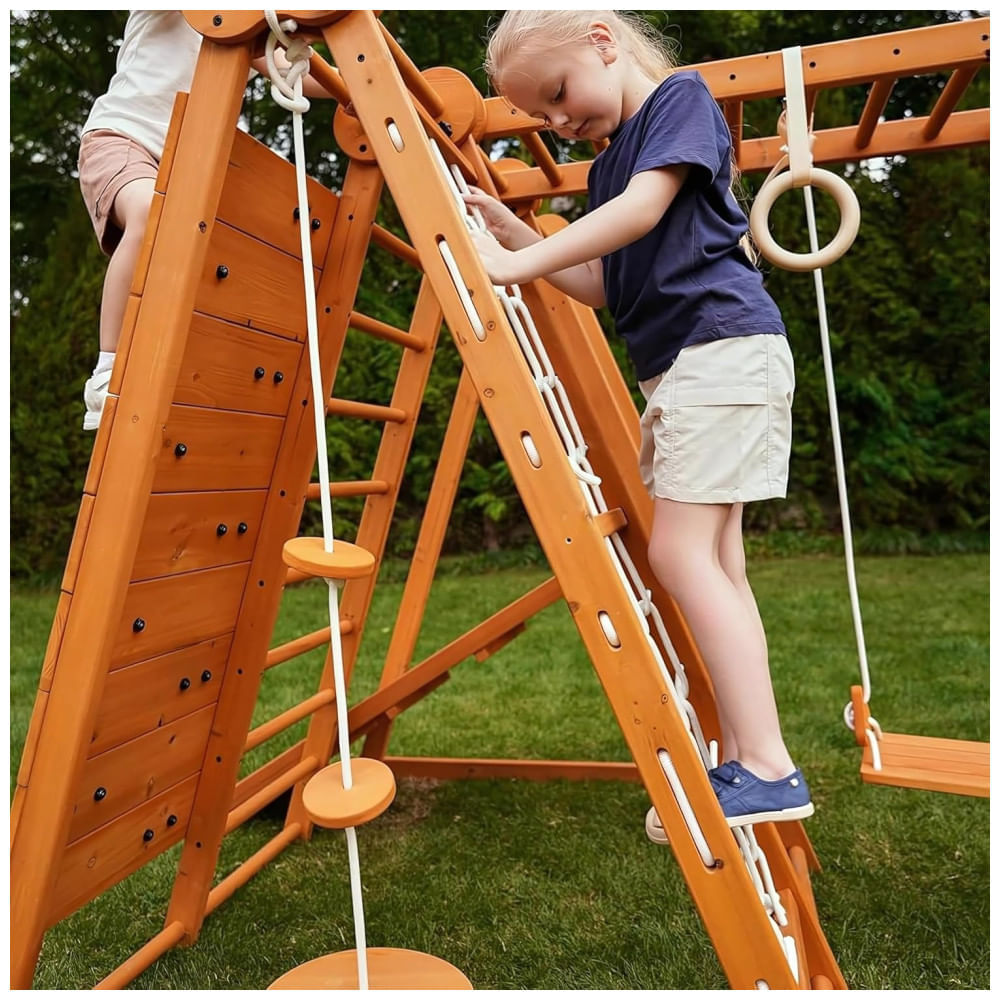 Encontraproduto.com.br - Avenlur Chestnut: Jungle Gym Indoor e Outdoor 7 em 1 Dobrável para Crianças - Escorregador, Parede de Escalada, Barra de Macaco, Balanço