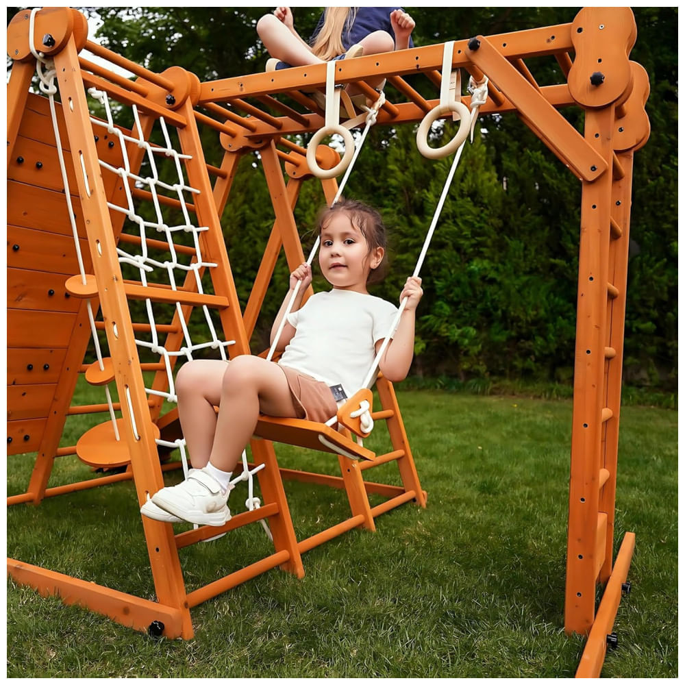 Encontraproduto.com.br - Avenlur Chestnut: Jungle Gym Indoor e Outdoor 7 em 1 Dobrável para Crianças - Escorregador, Parede de Escalada, Barra de Macaco, Balanço