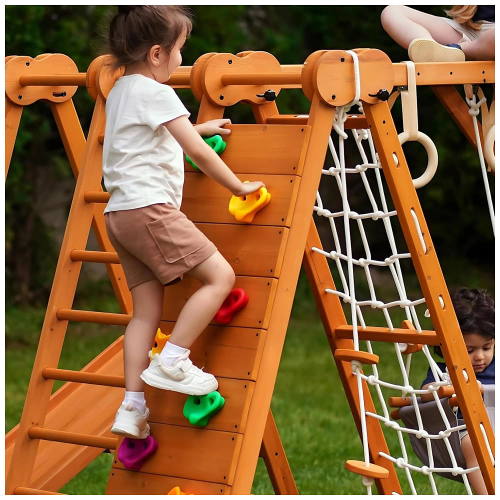 Encontraproduto.com.br - Avenlur Chestnut: Jungle Gym Indoor e Outdoor 7 em 1 Dobrável para Crianças - Escorregador, Parede de Escalada, Barra de Macaco, Balanço