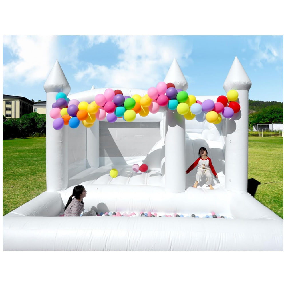 Encontraproduto.com.br - Casa de Pulos Inflável Comercial Branca para Adultos e Crianças, 100% PVC, com Piscina de Bolinhas e Escorregador, Inclui Soprador, Ideal para Festas