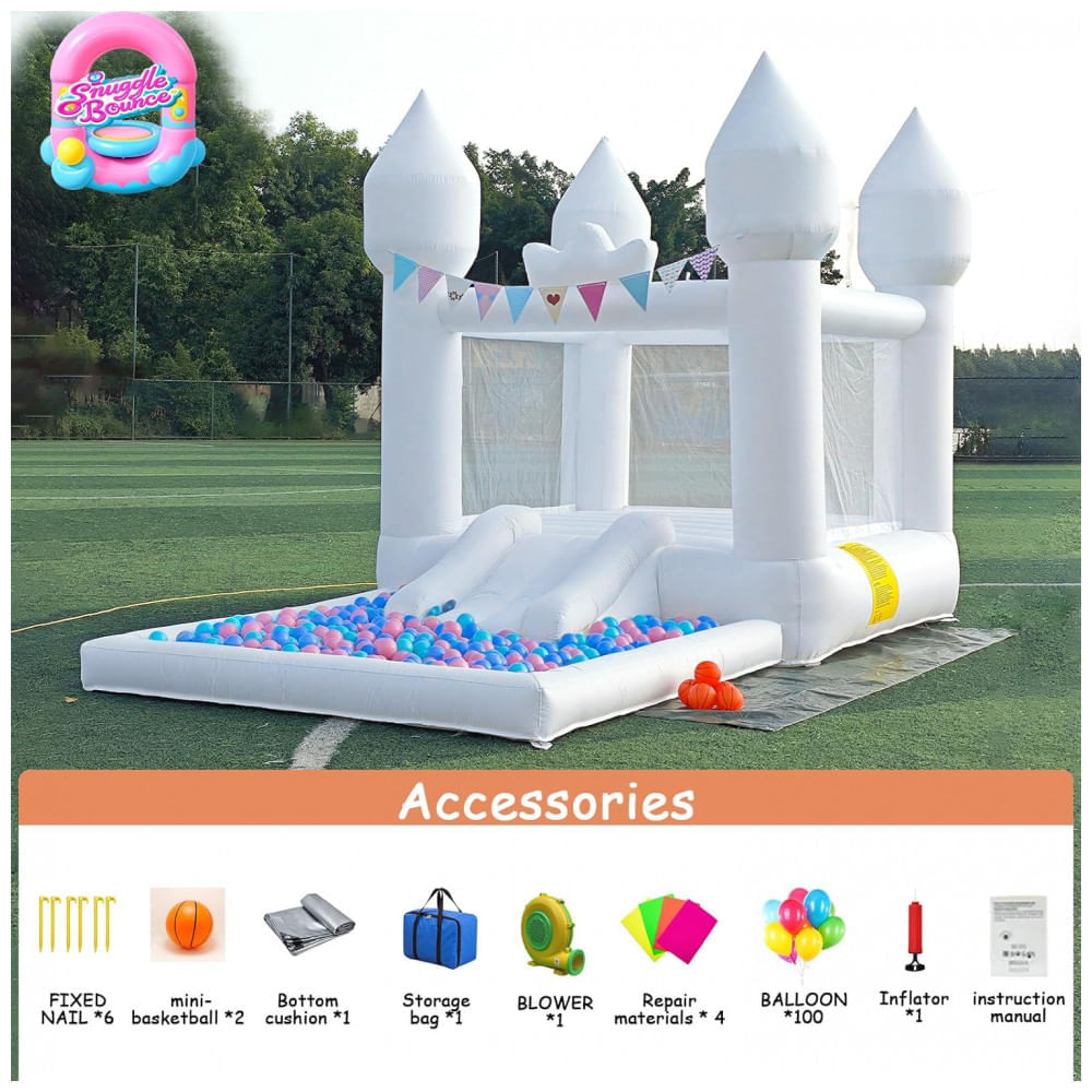 Castelo Inflável Branco com Escorregador Inflável e Piscina - Decoração ...