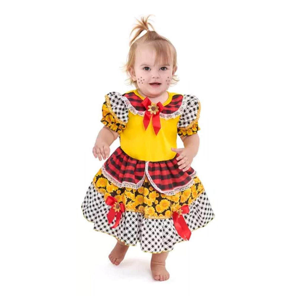 Vestido Festa Junina Bebe Menina Luxo Xadrez com Girassol
